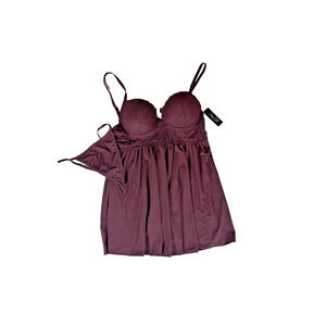 Reni Rofe Modern Graphic Chemise l Burgundy Babydoll Lingerie Set with Panty New